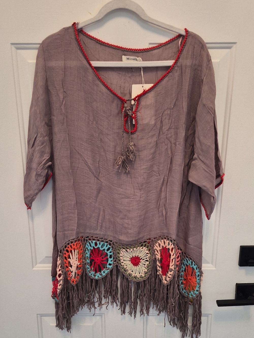 Miracle Taupe Crochet-Hem Fringe Tunic with Multicolor Trim